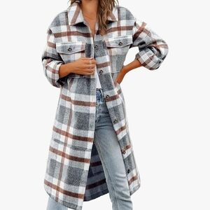 Women's Plaid Shirt Lapel Button Down Long Jacket